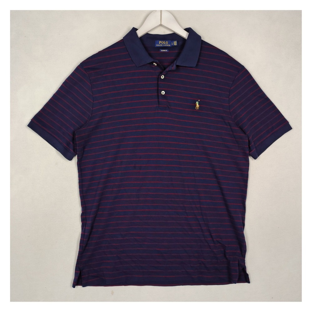 Polo Ralph Lauren Navy Red Striped Short Sleeve Polo Shirt Classic Fit Large